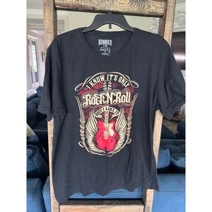 Bomber Mens Rock N Roll Guitar Graphic T-Shirt Black Cotton Size 2GG XXL